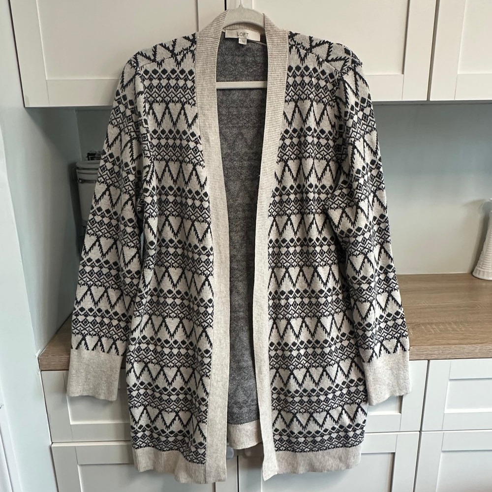 LOFT Fair Isle Cardigan Sweater Southwestern Womens XL Neutral Wool Quiet Luxury